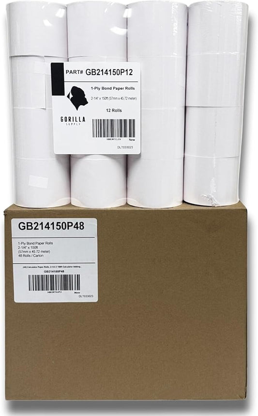 Gorilla Supply 2 1/4 in x 150 ft Bond Paper Rolls, 2.25" x 150' Adding Machine Tape, 1-Ply Receipt Paper Rolls for El-1750 1801 P23, BPA Free, 48 Rolls