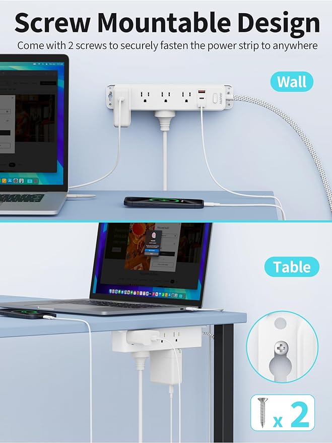 Surge Protector Power Strip with 12 Outlets and 3 USB Ports (1 USB C), 5 Ft Braided Flat Plug Extension Cord, Wall Mount Outlet Extender, 1700 Joules, Desk Charging Station for Home Office Dorm, White