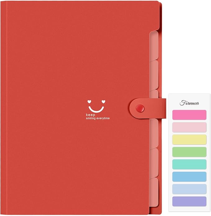 Forvencer Accordion File Organizer, Letter Size, 7 Pocket Expanding File Folder, Cute File Folder with Labels, Portable File Organizer for School Office Supplies, Folders for Documents, Red