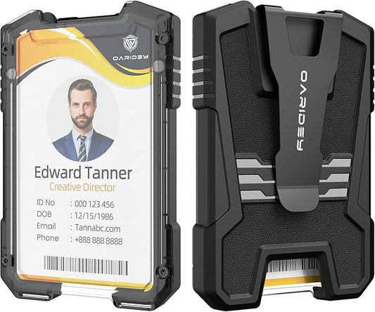 Oaridey Badge Holder/ID Card Holder/Portable Travel Wallet with Manganese Steel Clip, Heavy Duty Vertical Clear ID Holder for Work ID, Credit Cards- Black Genuine Leather