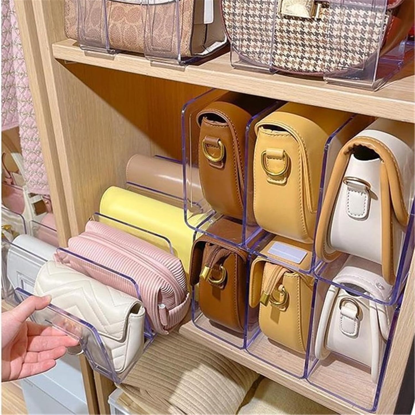 LUGUNU Clear Acrylic Purse Organizer - 4-Section Divider for Handbag Closet Storage - Durable Rack for Purses, Clutches More (Set of 2)