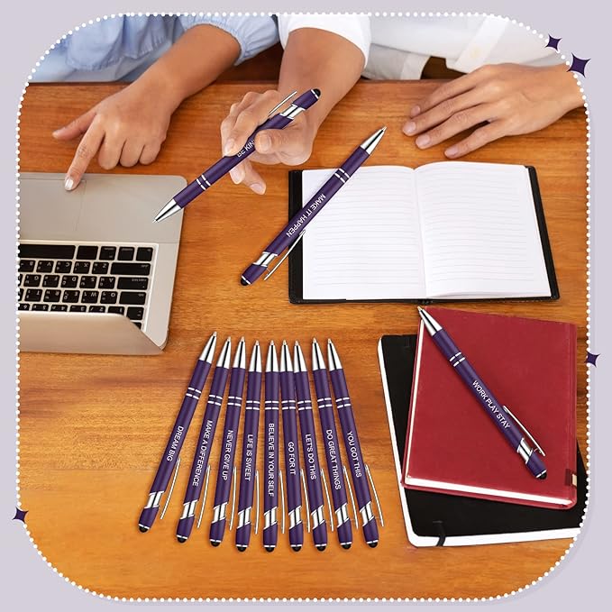 Zonon 12 Pieces Inspirational Pens Bulk Easter Basket Stuffers Motivational Quotes Ballpoint Pens with Stylus Tip Inspirational Gifts for School Office Teachers(Dark Purple,Motivational Style)
