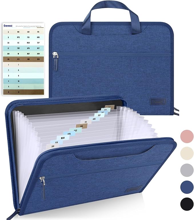Sooez Heavy Duty Accordion File Organizer with Hidden Handle, Portable 12 Pockets Expanding File Folders, Cloth Monthly Bills Receipt Organizer for Letter/A4, School Classroom Home & Office Supplies