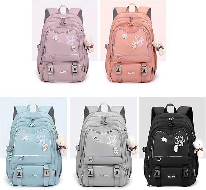 Cute School Laptop Backpack with Large Capacity Multiple Pockets for Girls Travel Friendly with Luggage Strap Accessory Included (Black)
