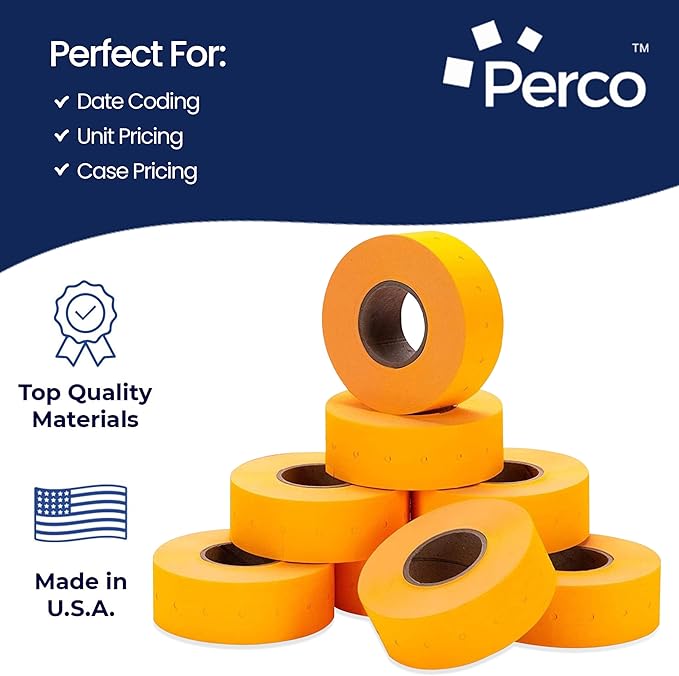 Perco 1 Line Fluorescent Orange Labels - 8 Rolls, 1 Sleeve, 8,000 Blank Price and Date Gun Labels for Perco 1 Line Price and Date Guns - Made in USA
