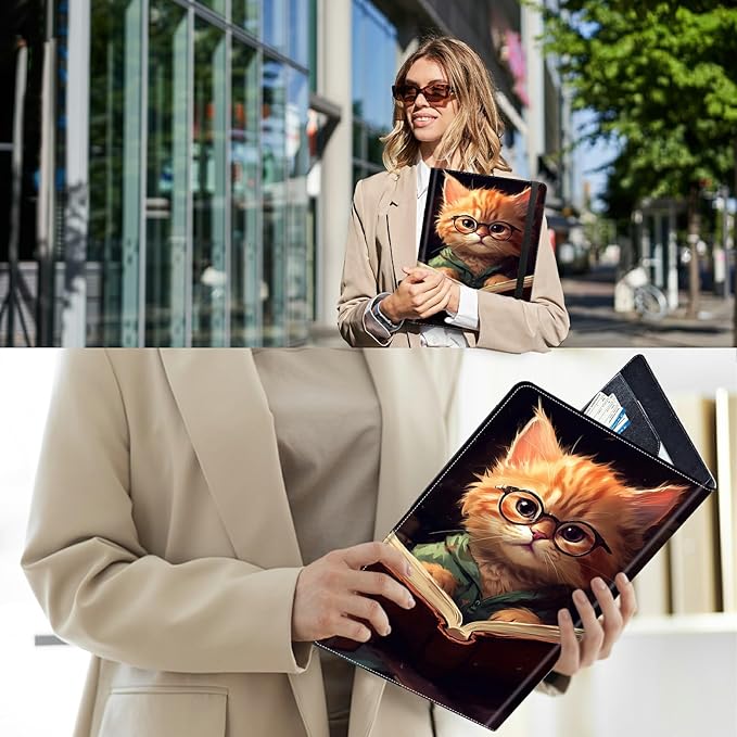 PU Leather Padfolio Clipboard Notepad with Pen Loop and Elastic Strap Interview/Resume Document Organizer for Business School Office,Kitten with Glasses