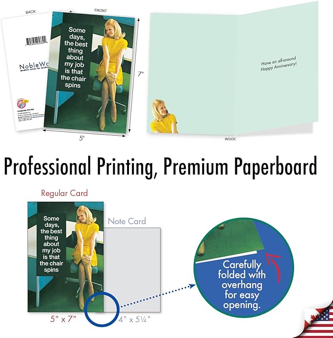 NobleWorks - Work Anniversary Card Funny - Retro, Vintage Notecard for Employees, Coworker, Women - Swivel Chair C4306ANG-WA