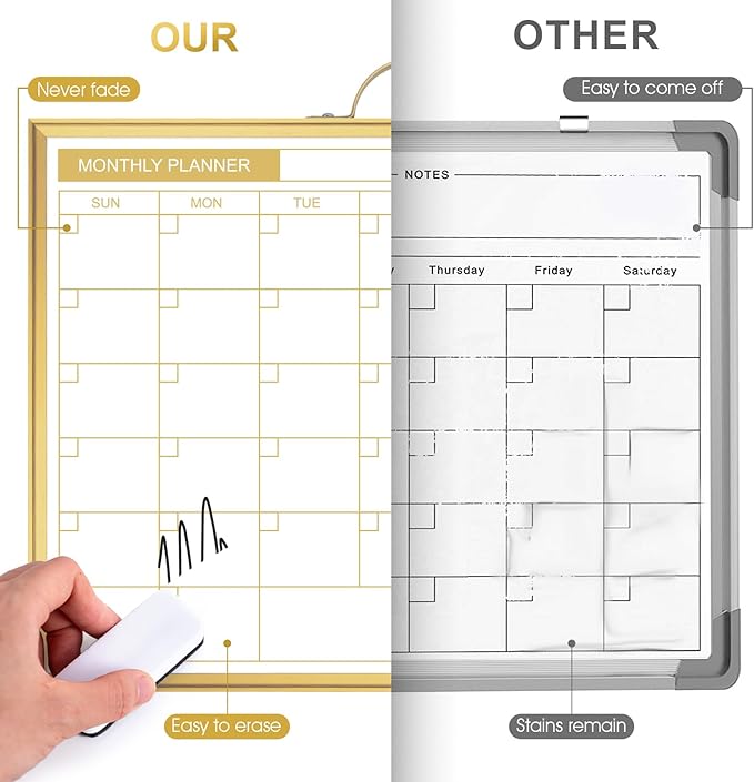Monthly Dry Erase Board for Wall with Monthly Calendar (Gold)