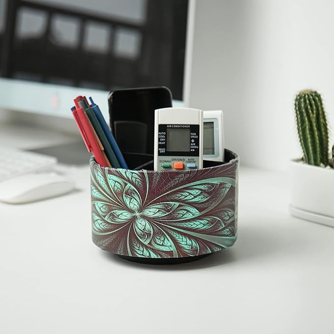 lizimandu Round Leather Art Supply Organizer,Remote Control Holder,360 Degree Rotating,Multi-Functional Pencil Holder,4 Compartments Desktop Stationary Organizer(1-Green Flower)