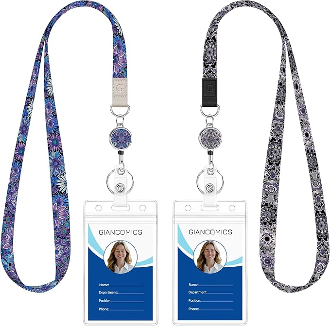 Giancomics Lanyards for Id Badges, Floral Lanyards with Retractable Reel, Waterproof ID Badge Holder for Cruise Ships Cards Key, Work Name Tag Zip Type Card Protector for Women 2 Pack