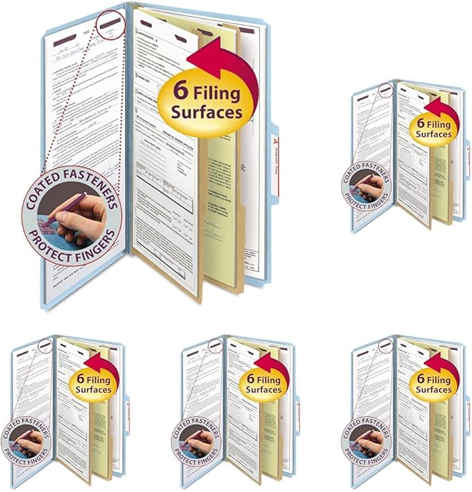 Smead Pressboard Classification File Folder with SafeSHIELD Fasteners, 2 Dividers, 2" Expansion, Legal Size, Blue, 10 per Box (19030) (Pack of 5)