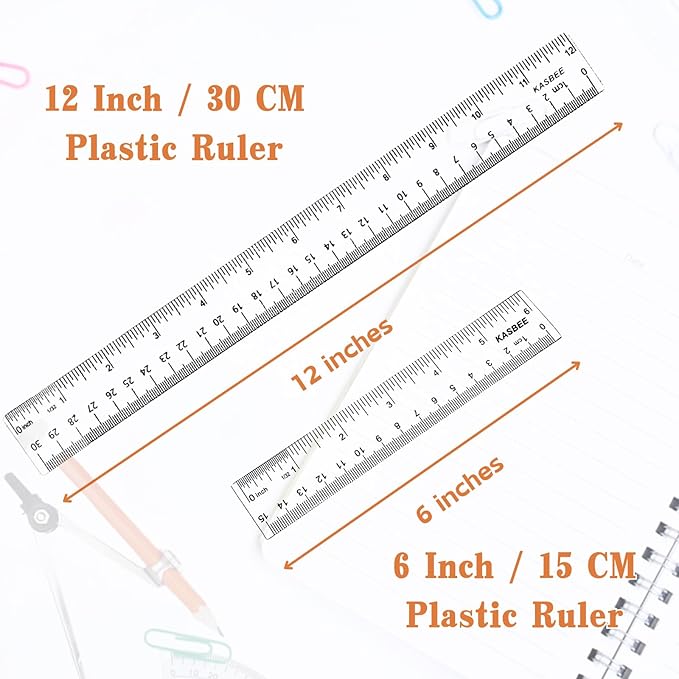 Plastic Rulers, 6 Inch Ruler, 12 Inch Ruler, Clear Ruler with Centimeters and Inches, Straight Plastic Ruler Set for Students School and Office