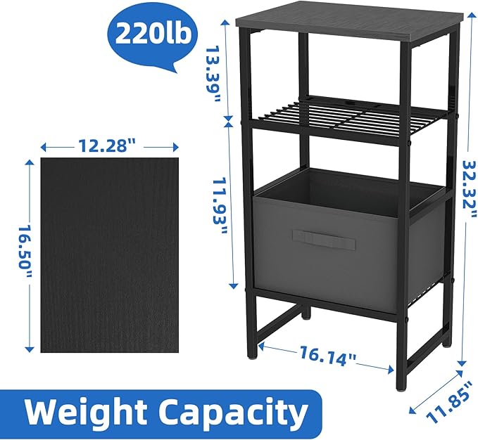 Printer Stand with Drawer Storage, 3 Tier - Heavy Duty Metal Shelving Unit with Wood Desktop, Industrial Printer Side Table with Wheels for Scanner Fax Machine, Black