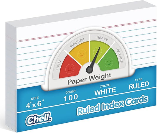 Chell Ruled Index Cards 4x6 Inch Heavyweight, 100 Count, Ruled Front and Blank Back, 65 lb. Cover Weight, White