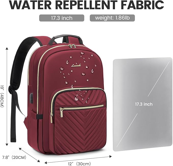LOVEVOOK Laptop Backpack for Women 17.3 inch,Cute Womens Travel Backpack Purse,Professional Laptop Computer Bag,Waterproof Work Business College Teacher Bags Carry on Backpack with USB Port,Wine Red