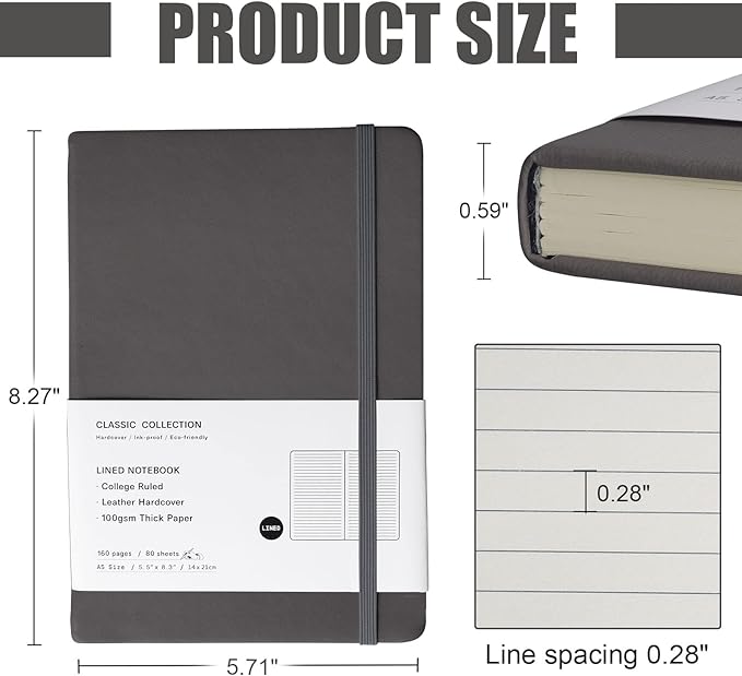 Lined Journal Notebook, 10Pack(Dark Gray), 160 Pages, Medium 5.7 inches x 8 inches - 100 gsm Thick Paper, Hardcover