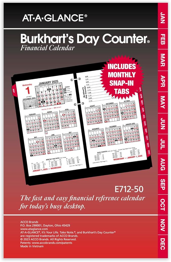 AT-A-GLANCE 2025 Desk Calendar Refill, Daily, 4-1/2" x 7-1/2", Large, Loose-Leaf, Burkhart's Day Counter (E7125025)