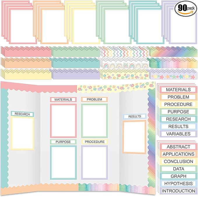 90 Pcs Science Fair Board Supplies 60 Trim Scalloped Bulletin Board Borders 24 Presentation Board Subtitles 6 Science Fair Titles for Classroom Display Boards (Pastel)