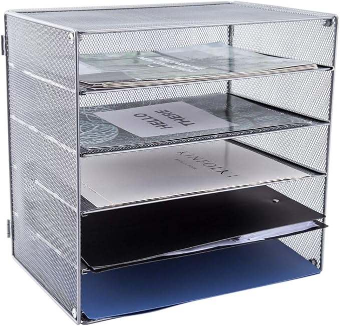 EASEPRES 5 Slot Mesh Desk Organizer Tray, File Paper Letter Folder Holder Desktop Paper Sorter Mail Organization Rack Storage Accessories, for Office Home School Classroom, Silver