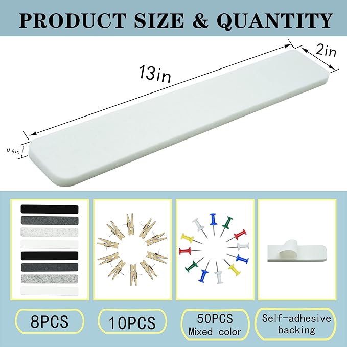 8Pcs Bulletin Board Strips, Black White Grey Felt Pin Board Bar Strips with 50 Pushpins, Self-Adhesive Felt Cork Board Strips for Wall to Display Your Notes, Photos, Schedules, Announcements
