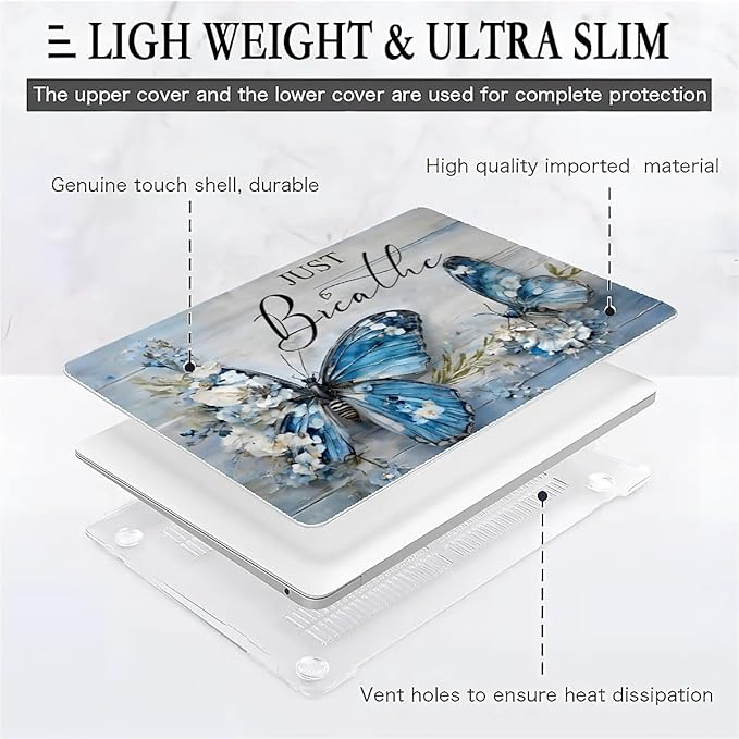 Compatible with MacBook Air 13.3 inch Case 2018-2020 Release A1932 A2179 A2337, Blue Flower Butterfly Hard Plastic Shell Cover Case