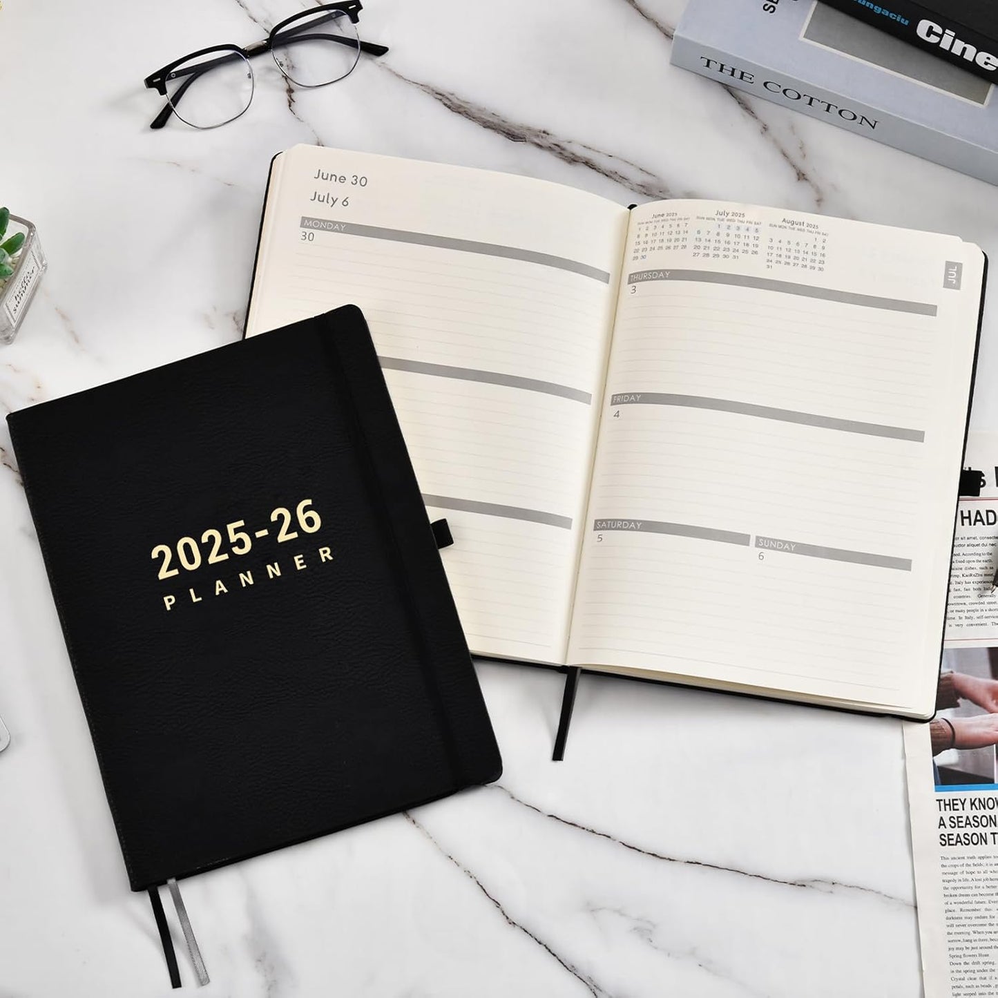 2025-2026 Planner - Academic Planner 2025-2026, July 2025 - June 2025, Weekly and Monthly Planners, 8.5" x 11", Pen Holder, Calendar Stickers, Pocket, Faux Leather Cover -Black