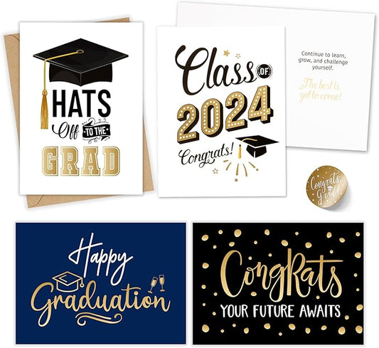 Paper Play Gold Foil Graduation Cards Assortment Bulk Pack of 20 Congratulations Graduation Card 2024-5x7 Inch with Matching Stickers & Kraft Envelopes, Graduation Cards Bulk College & High School