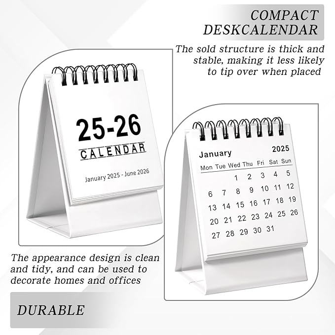 Mini Desk Calendar 2025.1-2026.6 Small Desktop Calendar 2025-2026 Standing Flip Calendar Small Desk Calendar 2025-2026 for Home Office School(White)