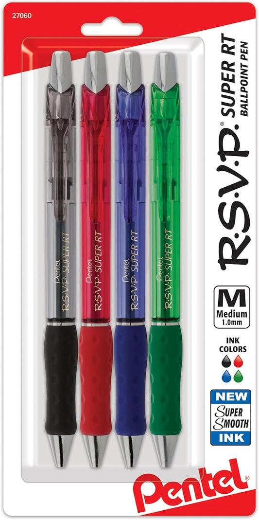 Pentel RSVP Super RT Ballpoint Pen, (1.0mm) Medium Line, Assorted Ink (ABCD), 4-pk - BX480BP4M