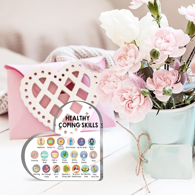 Therapy Office Decor, Mental Health Healthy Coping Anxiety Skills Decorations for Classroom School Counseling Therapist Social Worker Educational Acrylic Heart Art Decor