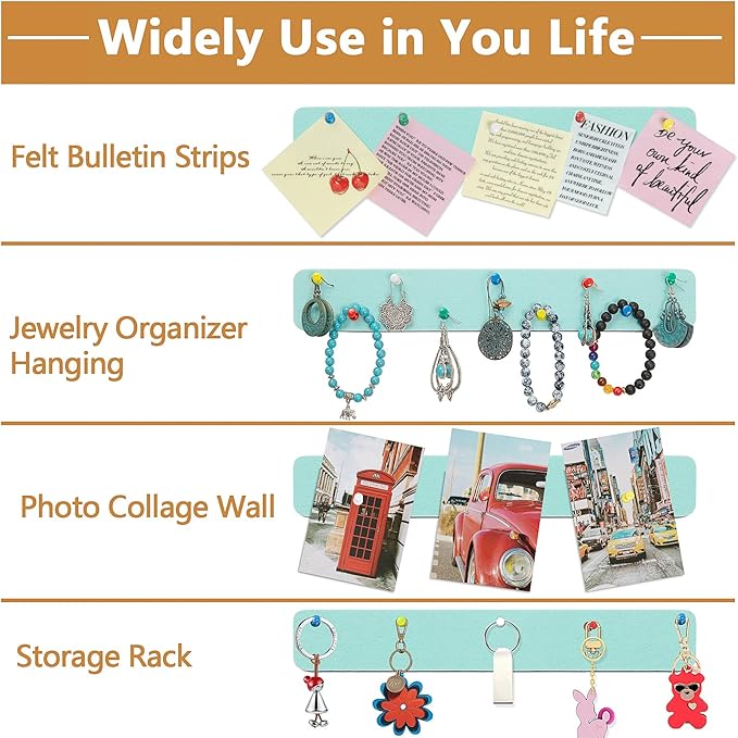 Felt Pin Board Bar Strips Bulletin Board for Bedrooms Offices Home Wall Decoration, Notice Board Self Adhesive Cork Board with 35 Push Pins for Paste Notes, Photos, Schedules (Light Blue)