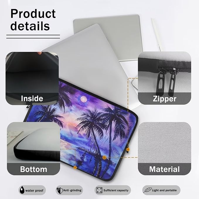 Tropical Palm Tree Laptop Sleeve for Women 12 inch Lap Top Case Portable Lightweight Computer Sleeve Laptop Pouch Slim Laptop Protector with Versatile Uses Tablet Bag Leaves Moon Purple