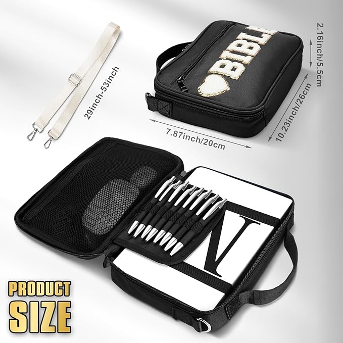 Silkfly Large Chenille Letter Bible Cover for Women Preppy Patch Bible Case Church Bible Bag with Handle(Black)