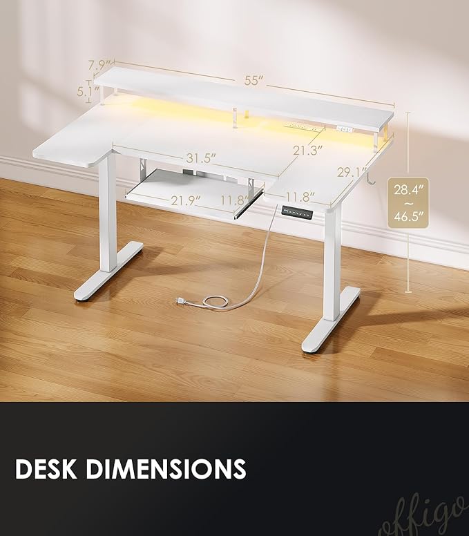 U Shaped Electric Standing Desk with Keyboard Tray, 55 Inch Height Adjustable Desk with Power Outlets & LED Lights, Sit Stand Table with Monitor Stand for Home, Office, White