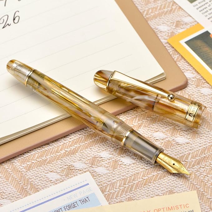 Asvine V126 Vacuum Filling Fountain Pen Brown Swirl Transparent Acrylic, Medium Nib Large-Capacity with Gift Case
