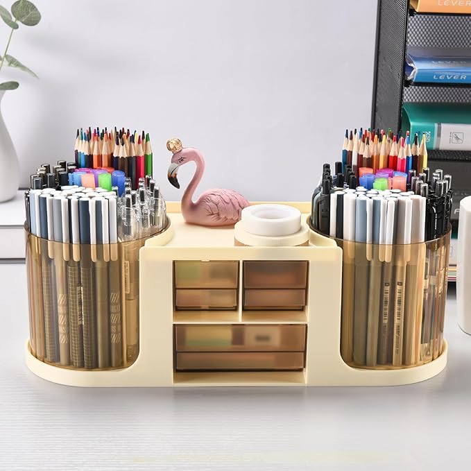 Rotating Desk Organizer with 2 Pen Holder, Desk Organizers and Accessories with 10 Slots Pencil Holder for Desk + 3 Drawer, Art Supply Storage Box Caddy for Office School Home (Beige)