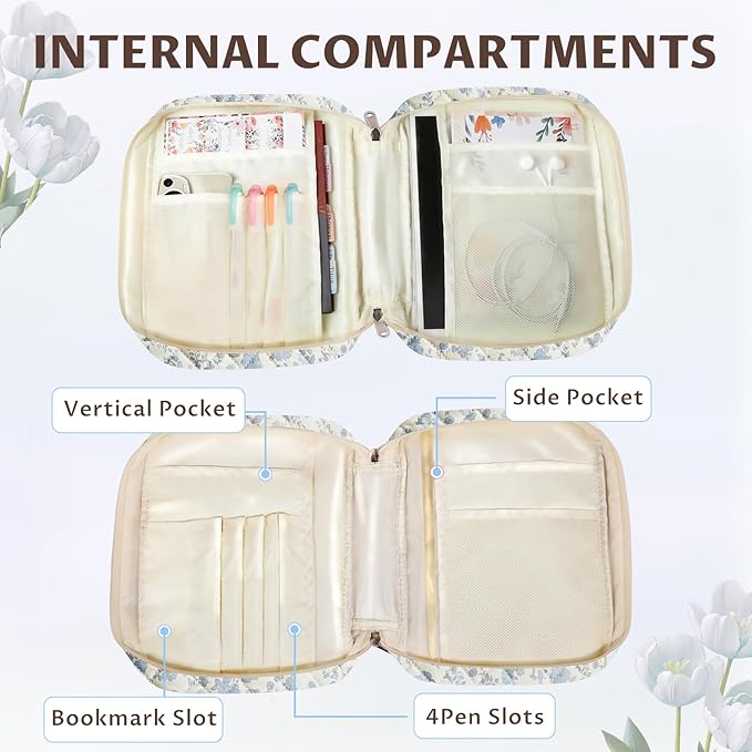 shirabags Quilted Bible Cover Case for Women - Elegant Cotton Bible Bag for Study, Church, Christian Gifts for Women(Blue Floral, M)