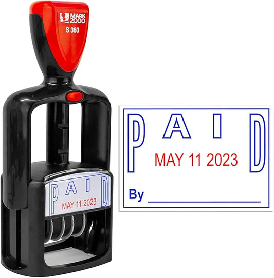 Self-Inking Rubber Date Office Stamp with Paid Phrase - Blue Ink & Date Red Ink - 12-Year Band