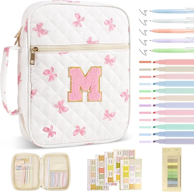 Personalized Initial Bible Cover Case for Women Girls Kid - Large Quilted Bible Case with Handle, Stylish Chenille Letter Bag Study Supplies, Perfect Christmas Gifts for Christians Women (Pink Bow-M)