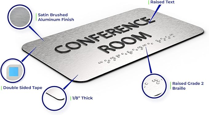 ADA Conference Room Sign for Business - Office Signs, Aluminum Brushed Silver, Tamper-Proof, Heavy Duty Mounting Tape, Easy Install, Office Décor, ADA Compliant, Grade 2 Braille (7”W x 4”H) ADASigns.org