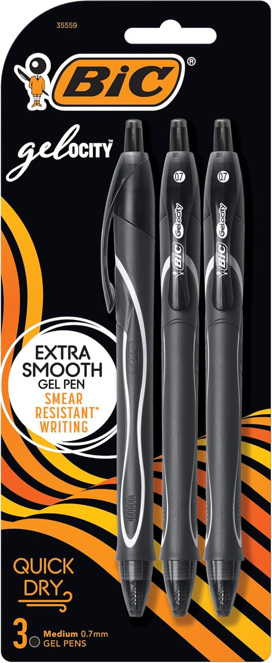 BIC Gel-Ocity Quick Dry Gel Pens, Medium Point Retractable (0.7mm), Black Ink Gel Pen, 3 Count