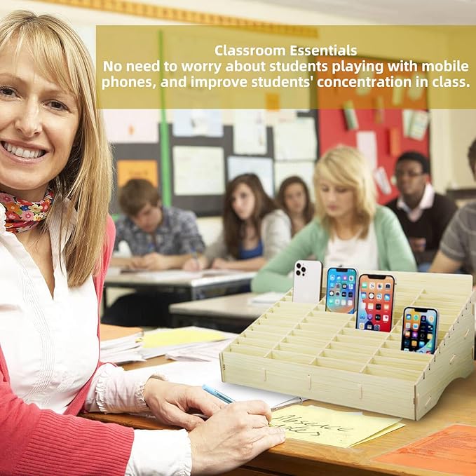 HengTianMei 48 Grid Wooden Desktop Storage Box Mobile Phone Management Storage Box Creative Desktop Office Meeting Finishing Grid Multi Cell Phone Rack Display