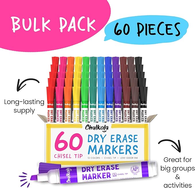 Chalkola Dry Erase Markers Bulk (60 Pack, 12 Vibrant Colors) | Chisel Tip WhiteBoard Markers, Dry Erase Pens - White Board Pens for Kids, Teachers - Home, Office, School Classroom Supplies