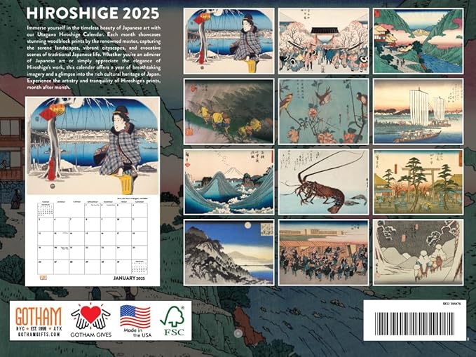 Hiroshige 2025 Wall Calendar Japanese Art Woodblock Wood Block Print Monthly Wall Calender 12 Month | American Made In The USA