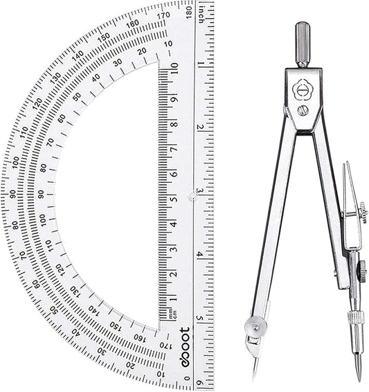 EBOOT Student Geometry Math Set, Drawing Compass and 6 Inch Clear Swing Arm Protractors 180 Degree Math Protractor (Argent, Classic)