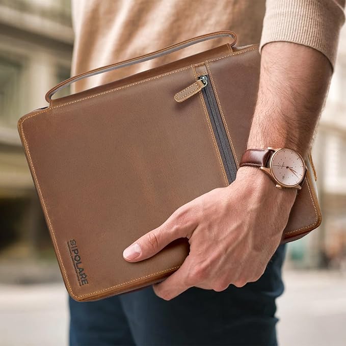 Polare Full Grain Leather Bible Cover Church Bag Bible Protective Book Holder Carrying Case Folder Organizer Portfolio for Men and Women (Light Brown)