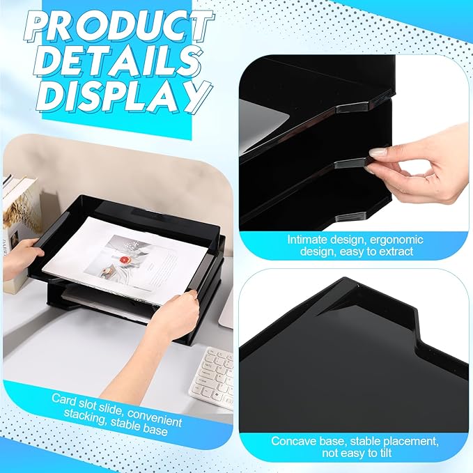 4 Pcs Stackable Letter Tray Rectangular Plastic Desk Organizer 13 x 9.5 x 2.6 in Paper Holder File Tray Accessories Rack for Desktop Office Desk Drawers (Black)