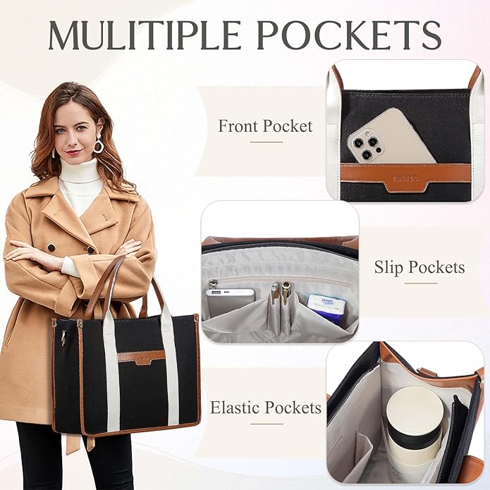 RAVUO Laptop Tote Bag Women, Water Resistant 15.6 Inch Large Canvas Handbag Business Briefcase With Detachable Shoulder Strap