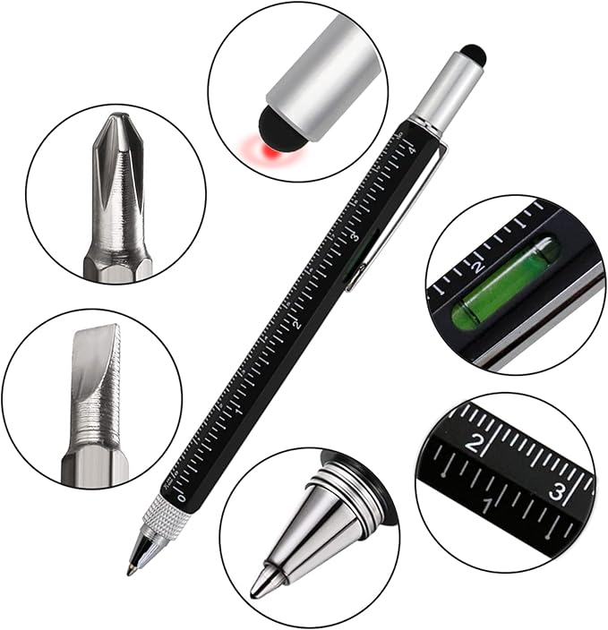 HeTaoCat Gifts Multi Tech Tool Pen 6 in 1 Stylus Pen - Screwdriver Pen with Ruler, Levelgauge, Ballpoint Pen Black ink (Black)