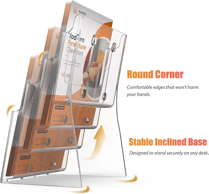 Acrylic Brochure Holder 8.5x11 & 4 x9 Inches, Clear 4 Tier Magazine Holder Brochure Display Stand w Removable Divider, Literature Pamphlet Flyer Holder for Wall Mount or Countertop